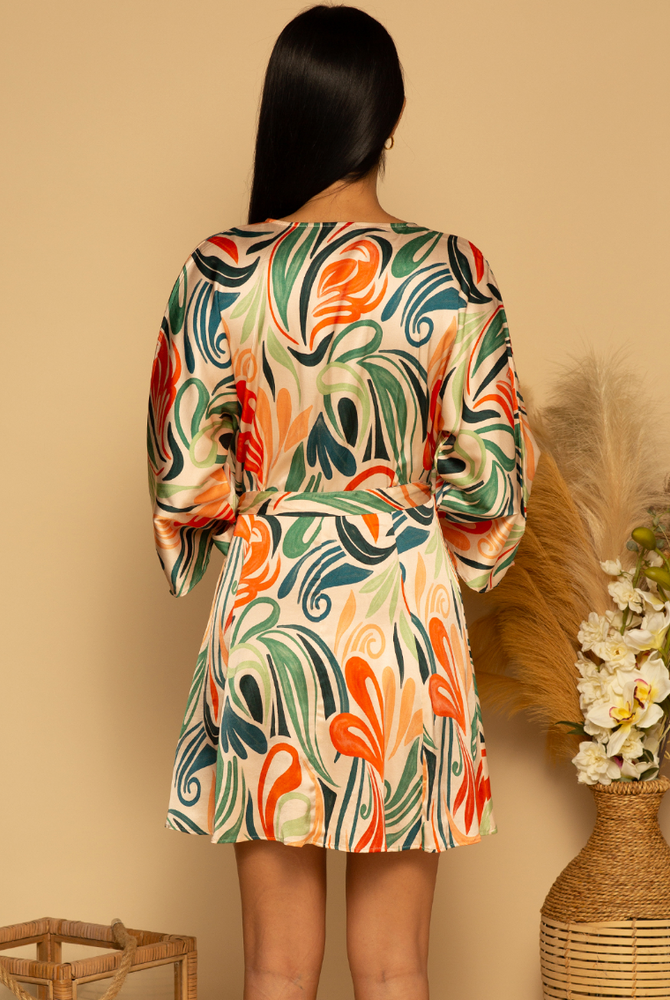 Back view of the Jade Swirls print Monterey Wrap Mini Dress by Shore