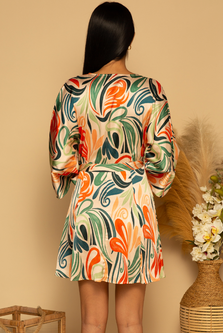 Back view of the Jade Swirls print Monterey Wrap Mini Dress by Shore