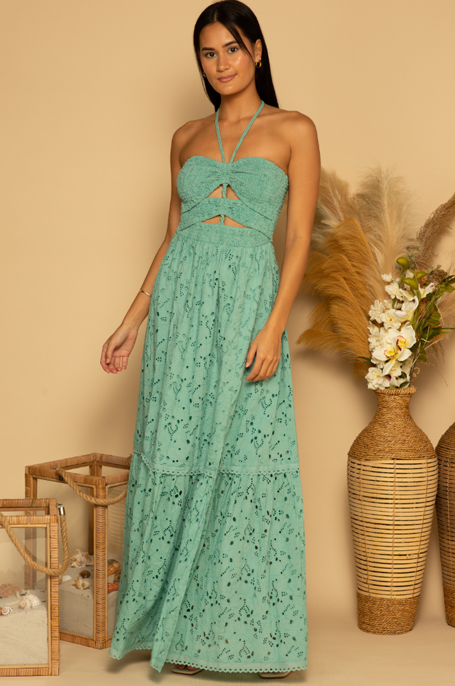 
                      
                        Front view of the Canton Eyelet Belize Maxi Halter Dress by Shore
                      
                    