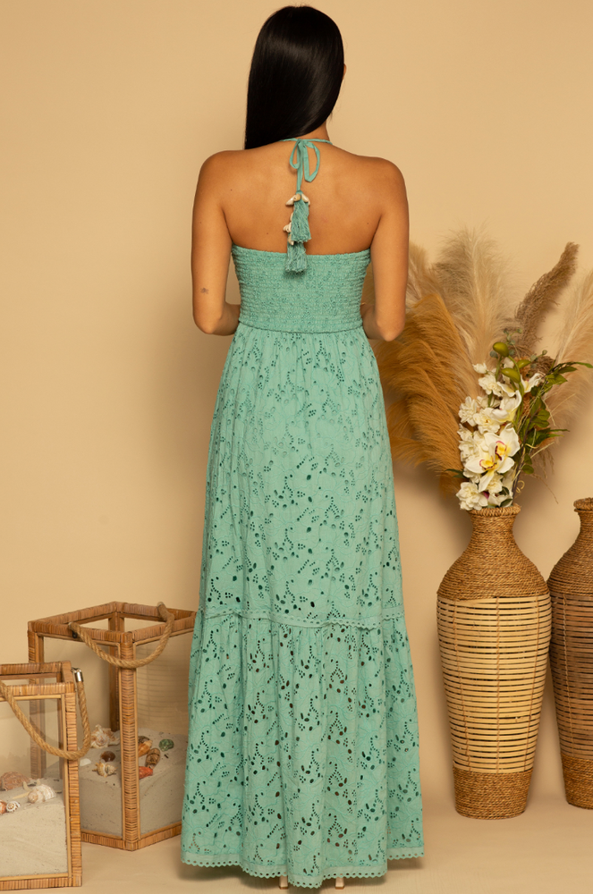 
                      
                        Back view of the Canton Eyelet Belize Maxi Halter Dress by Shore
                      
                    