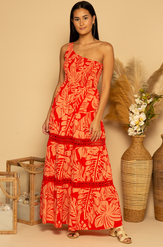 
                      
                        Front view of the Coral Palms print Ozzy One Shoulder Maxi Dress by Shore
                      
                    