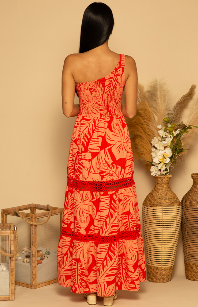 
                      
                        Back view of the Coral Palms print Ozzy One Shoulder Maxi Dress by Shore
                      
                    