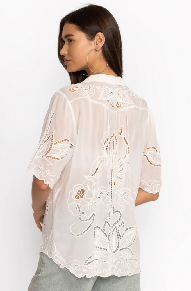 Back view of the Johnny Was Chryssie White Button Up Blouse