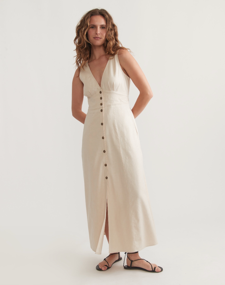 Marine Layer's Camila Maxi Dress in the color Antique White