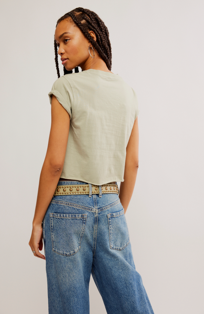 Back view of Free People's The Perfect Tee in the color Green Tea Leaves