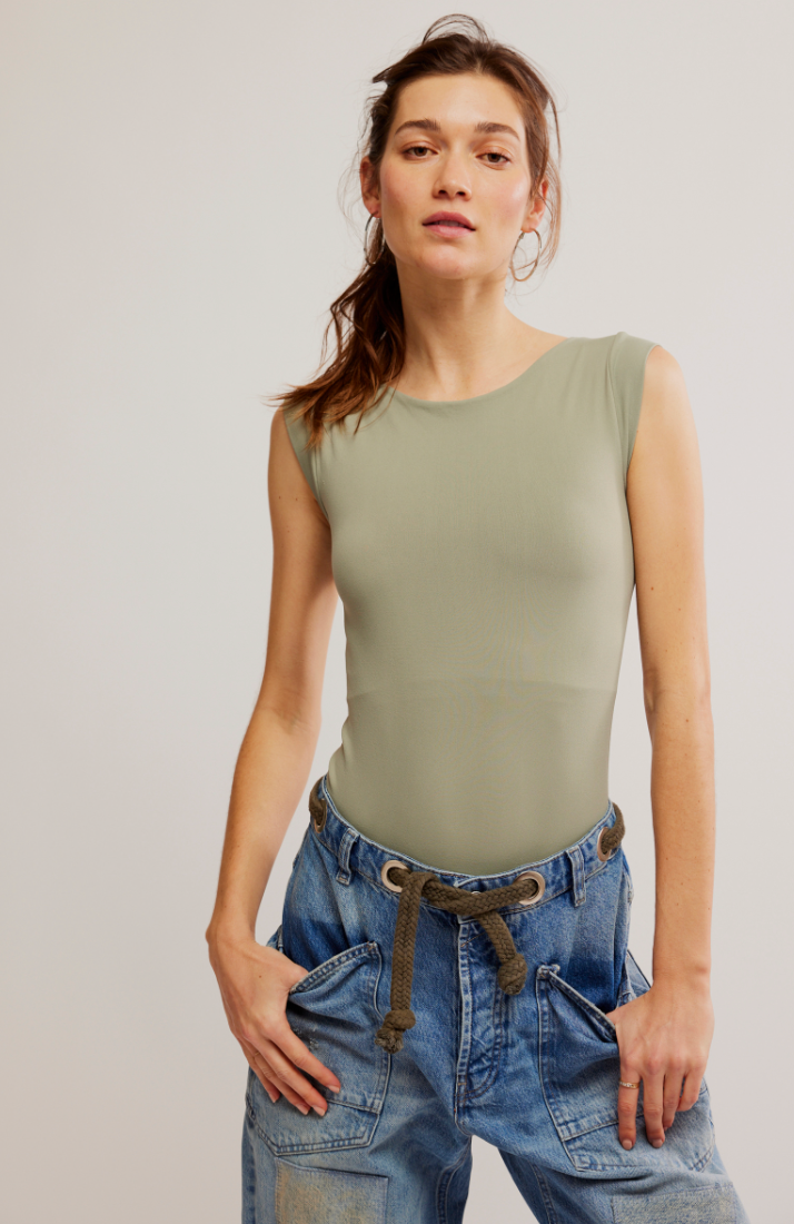 Front view of the Laurel Oak Clean Lines Boatneck Bodysuit by Free People