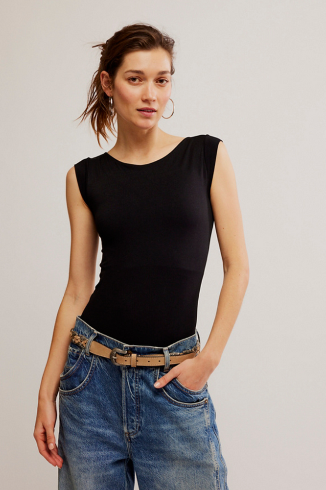 
                      
                        The Black Clean Lines Boatneck Bodysuit by Free People styled with jeans
                      
                    