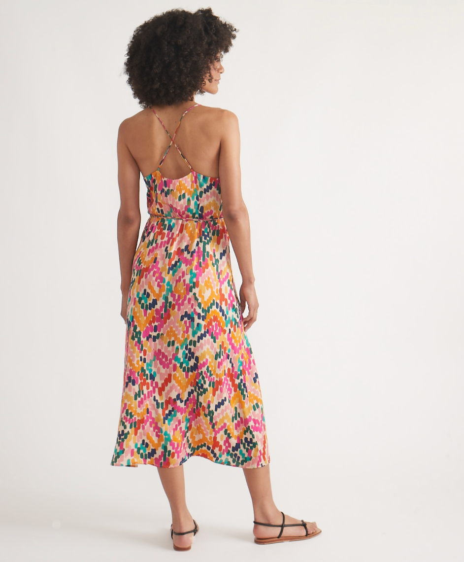 Back view of the Bright Watercolor Archive Emma Wrap Dress by Marine Layer