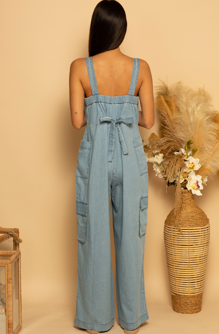 Back view of the Denim Jumpsuit by Shore