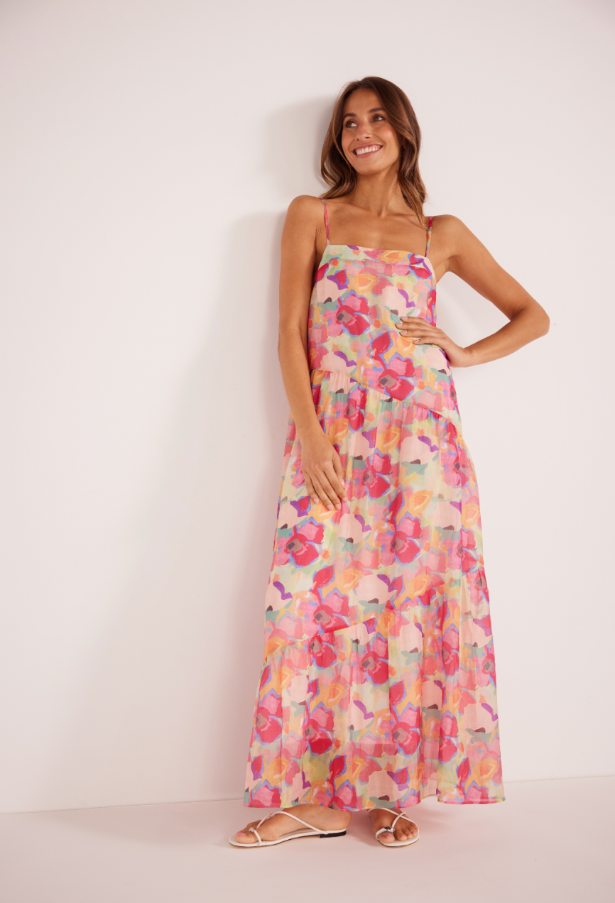 Woman wearing the Bright Floral Freyano Maxi Dress by MINKPINK