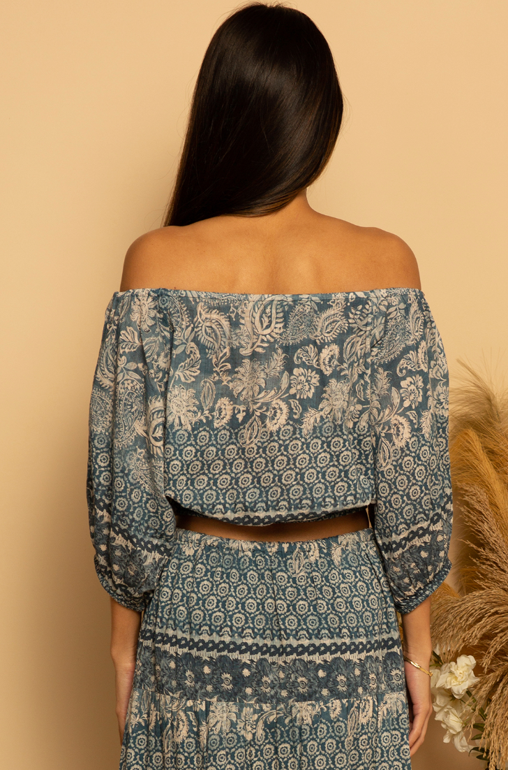 Back view of the Vintage Indigo Tula Off Shoulder Top by Shore