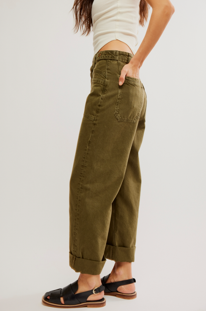 
                      
                        Side view of the Army Green Palmer Cuffed mid-rise wide leg women's jeans by Free People
                      
                    