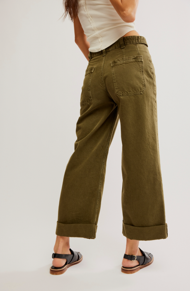 
                      
                        Back view of the Army Green Palmer Cuffed mid-rise wide leg women's jeans by Free People
                      
                    