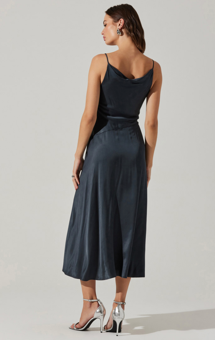 Back view of the Dark Teal Glynis Cowl Neck Midi Dress by ASTR