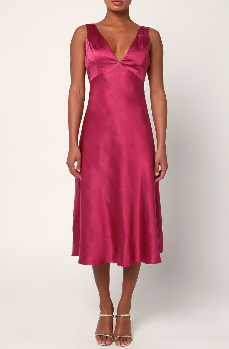 The Incredible Love Magenta Satin Cowl Back Midi Slip Dress by Lulus