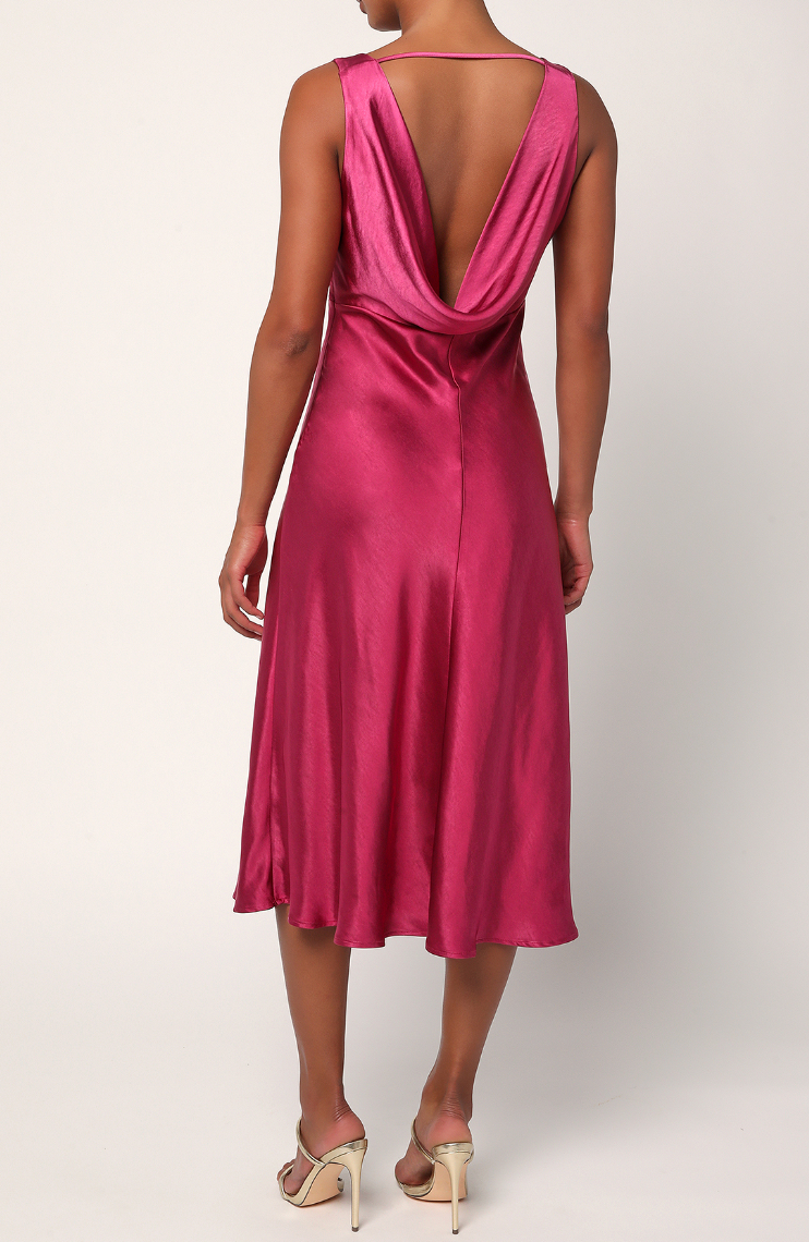 Back view of the Incredible Love Magenta Satin Cowl Back Midi Slip Dress by Lulus