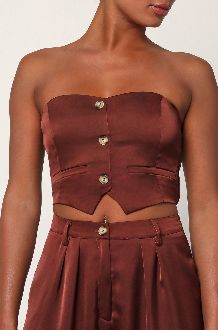 A Brown Satin Cropped Strapless Vest Top by Lulus