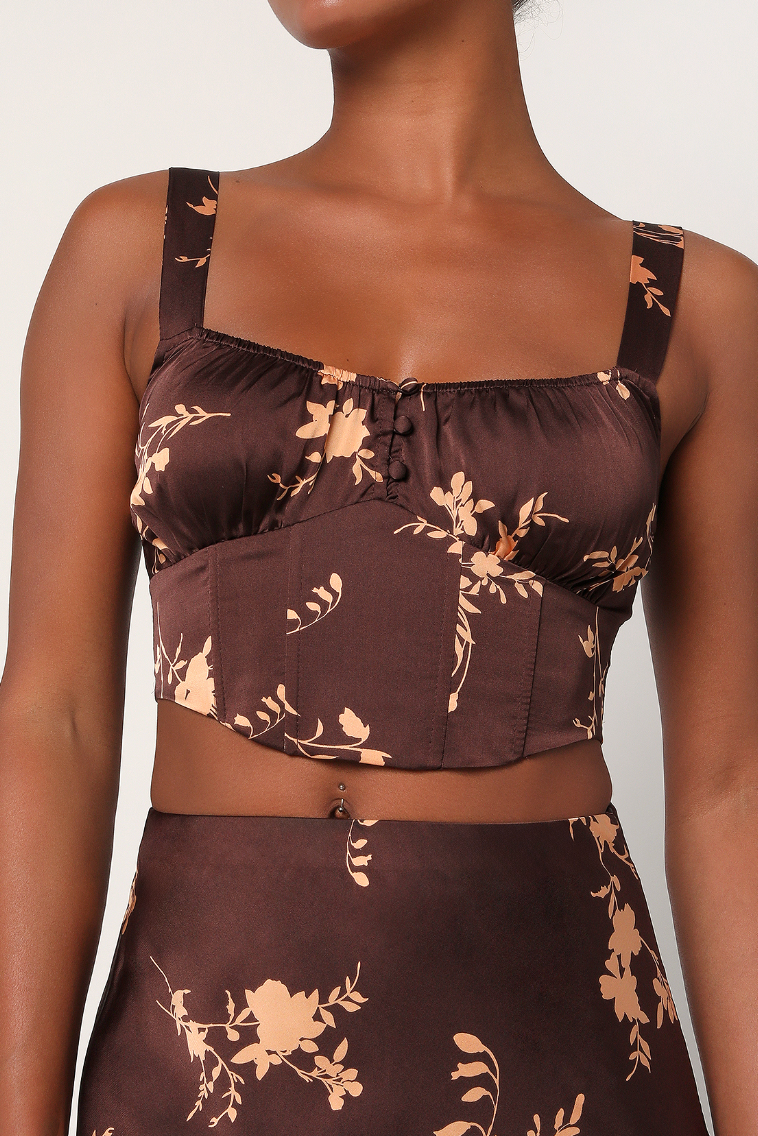 A Brown Floral Print Satin Bustier Top from Lulus