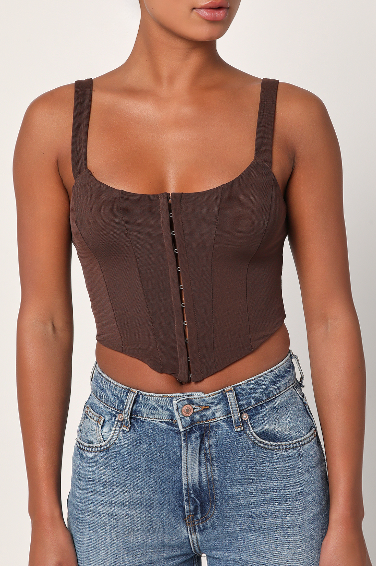 A brown corset style tank top by Lulus