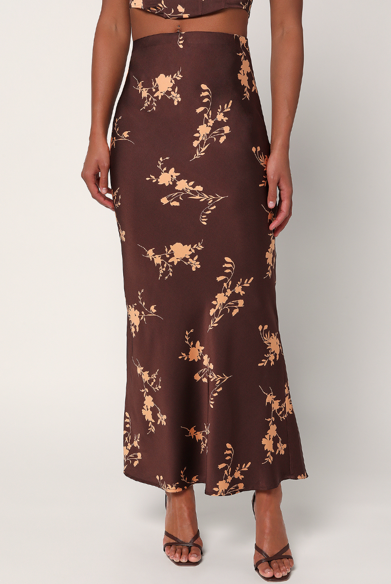 A brown floral print satin midi skirt by Lulus