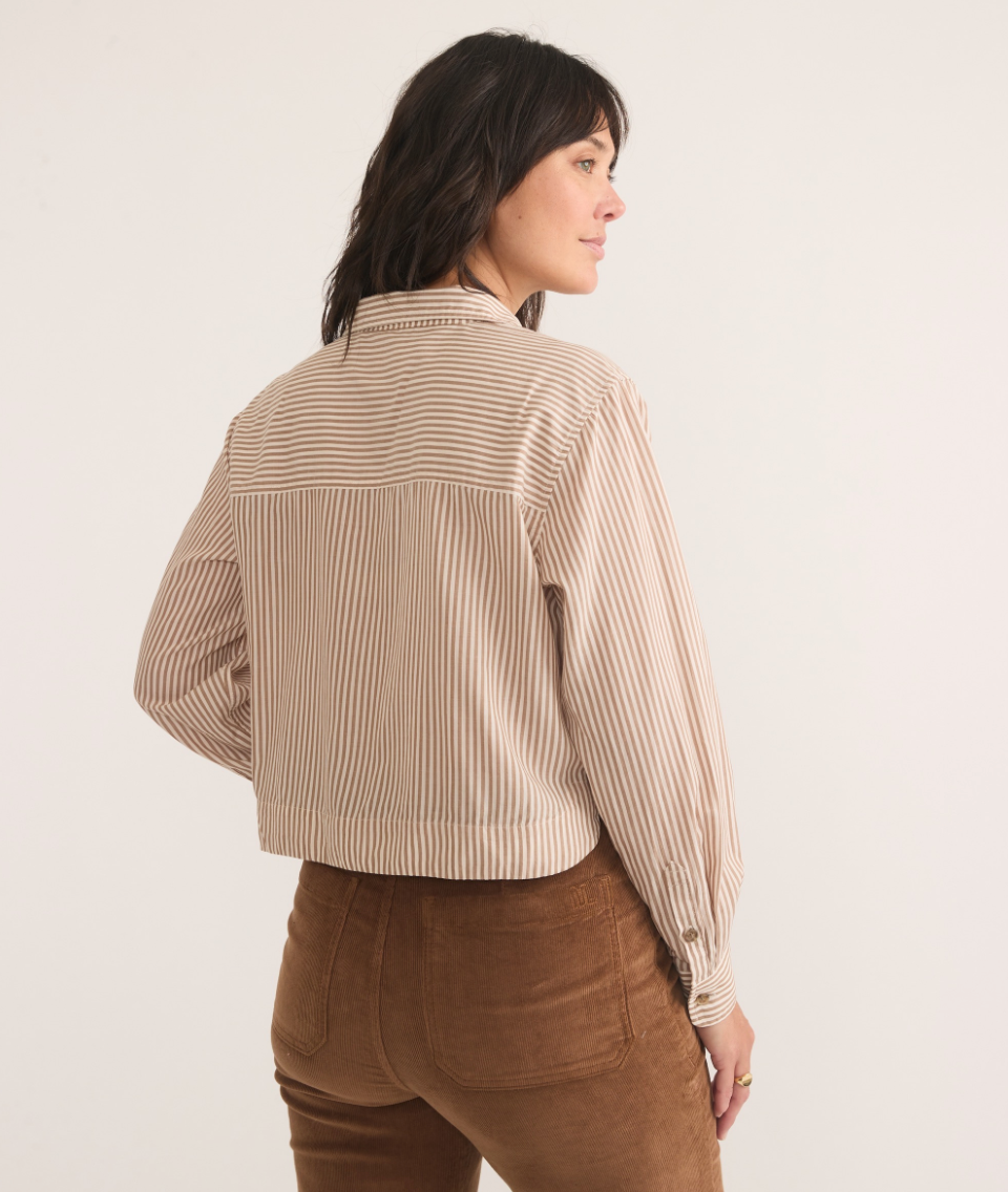 Back view of the Coconut Stripe Mila Straight Hem Button Down by Marine Layer