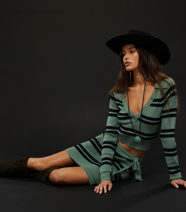 
                      
                        Outfit styled with the green Queen Palm Stripe Holland Mini Wrap Skirt by Beach Riot
                      
                    