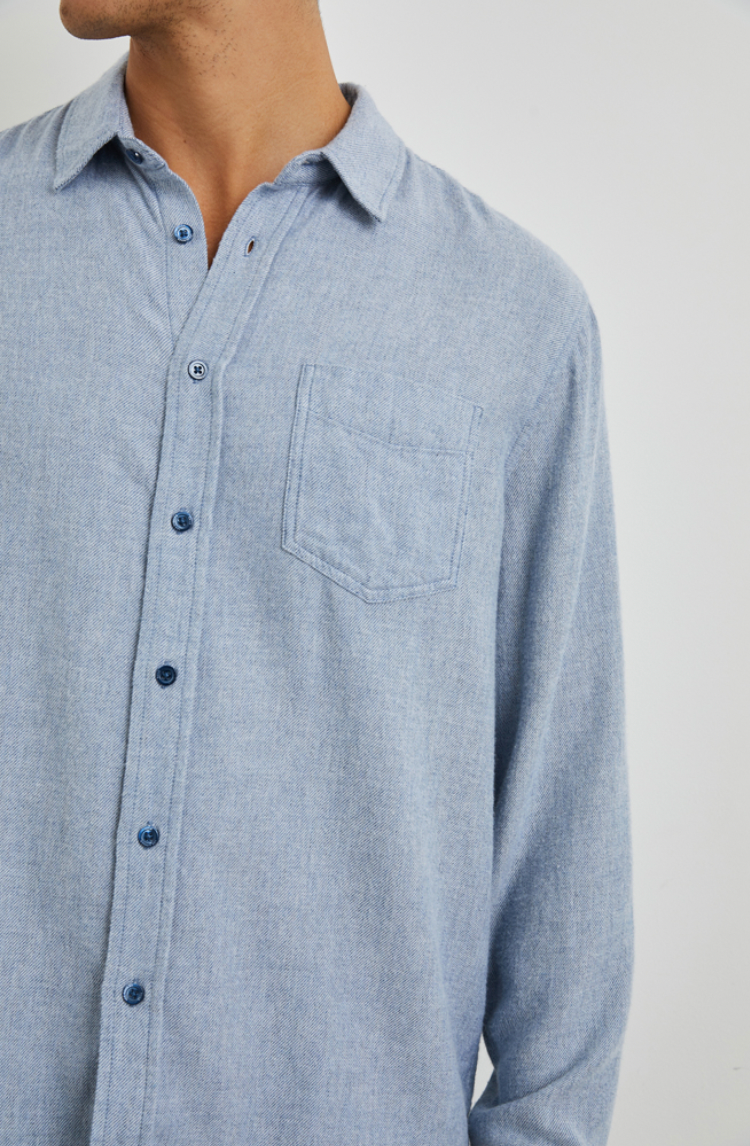 Front design detail on the Kodiak Blue Melange Lennox Shirt by Rails