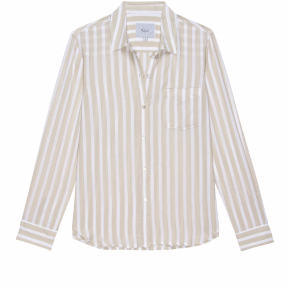 Front view of the Natural Stripe Wren Button Down Shirt by Rails