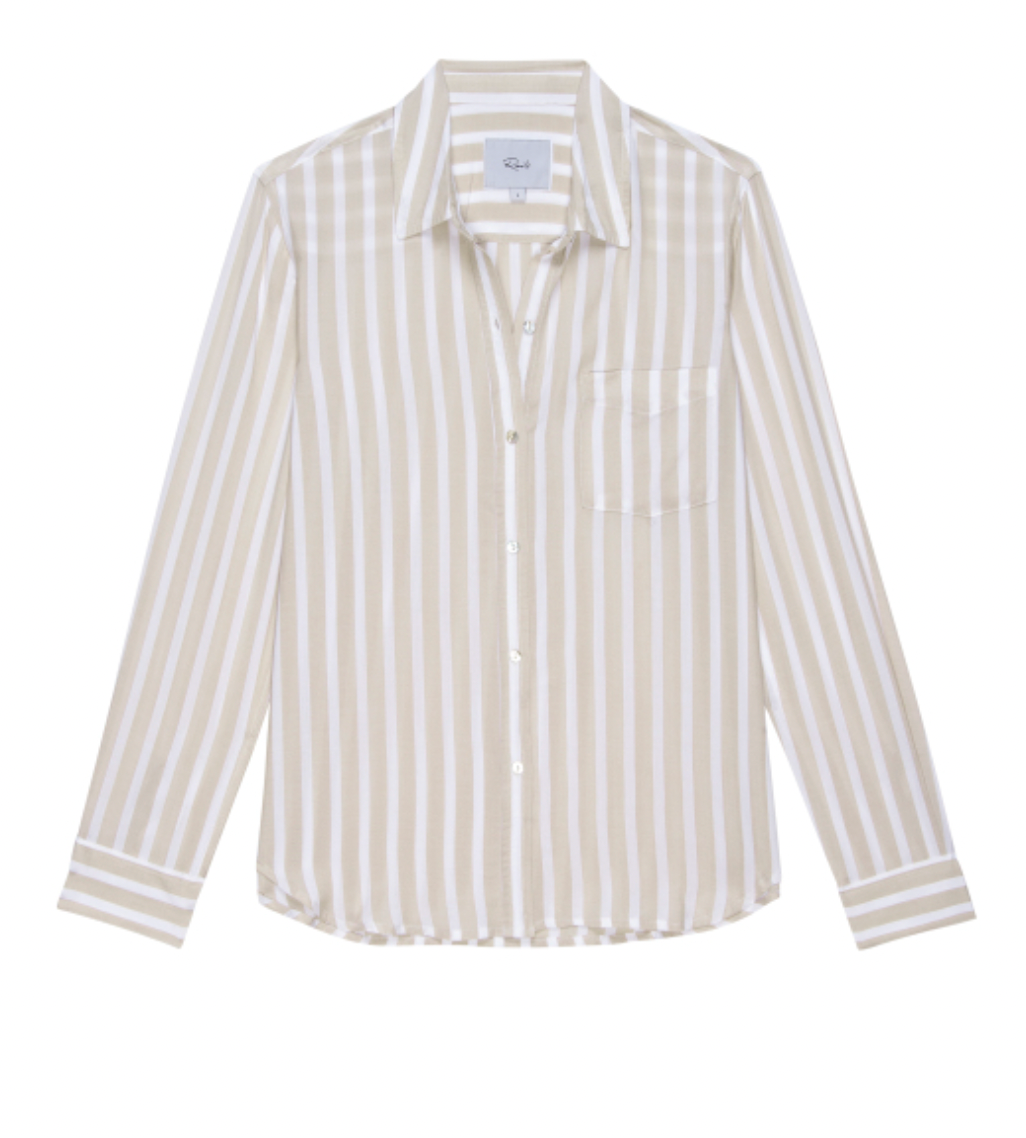 Front view of the Natural Stripe Wren Button Down Shirt by Rails