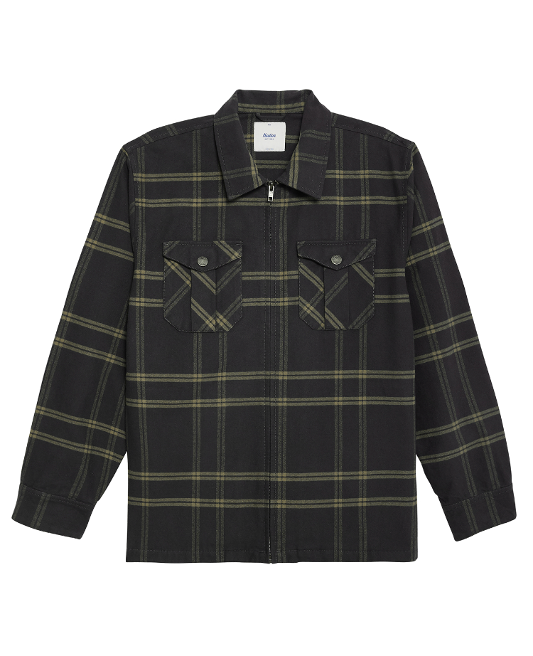 A men's zip-up plaid flannel shirt by Katin