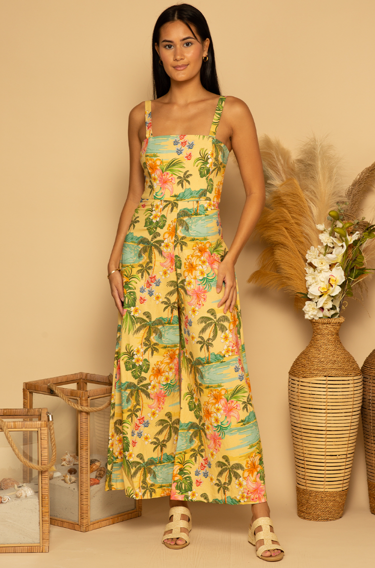 Front view of the Classic Tropics print Lima Wide Leg Jumpsuit by Shore