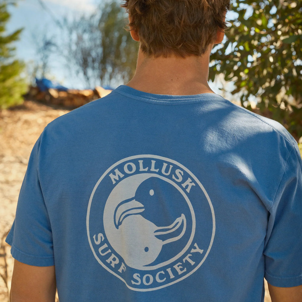 
                      
                        back view of the blue surf society short sleeve t-shirt by Mollusk
                      
                    