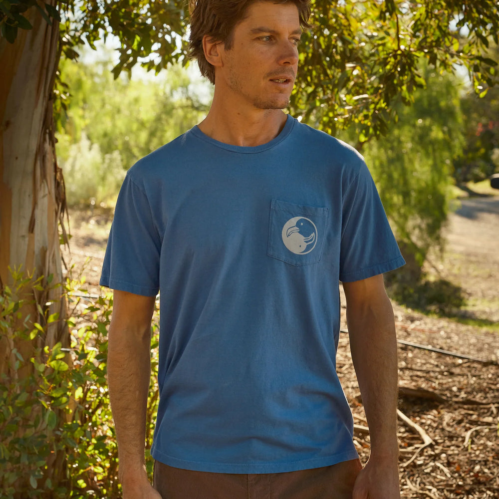 
                      
                        Front view of the blue surf society short sleeve t-shirt by Mollusk
                      
                    