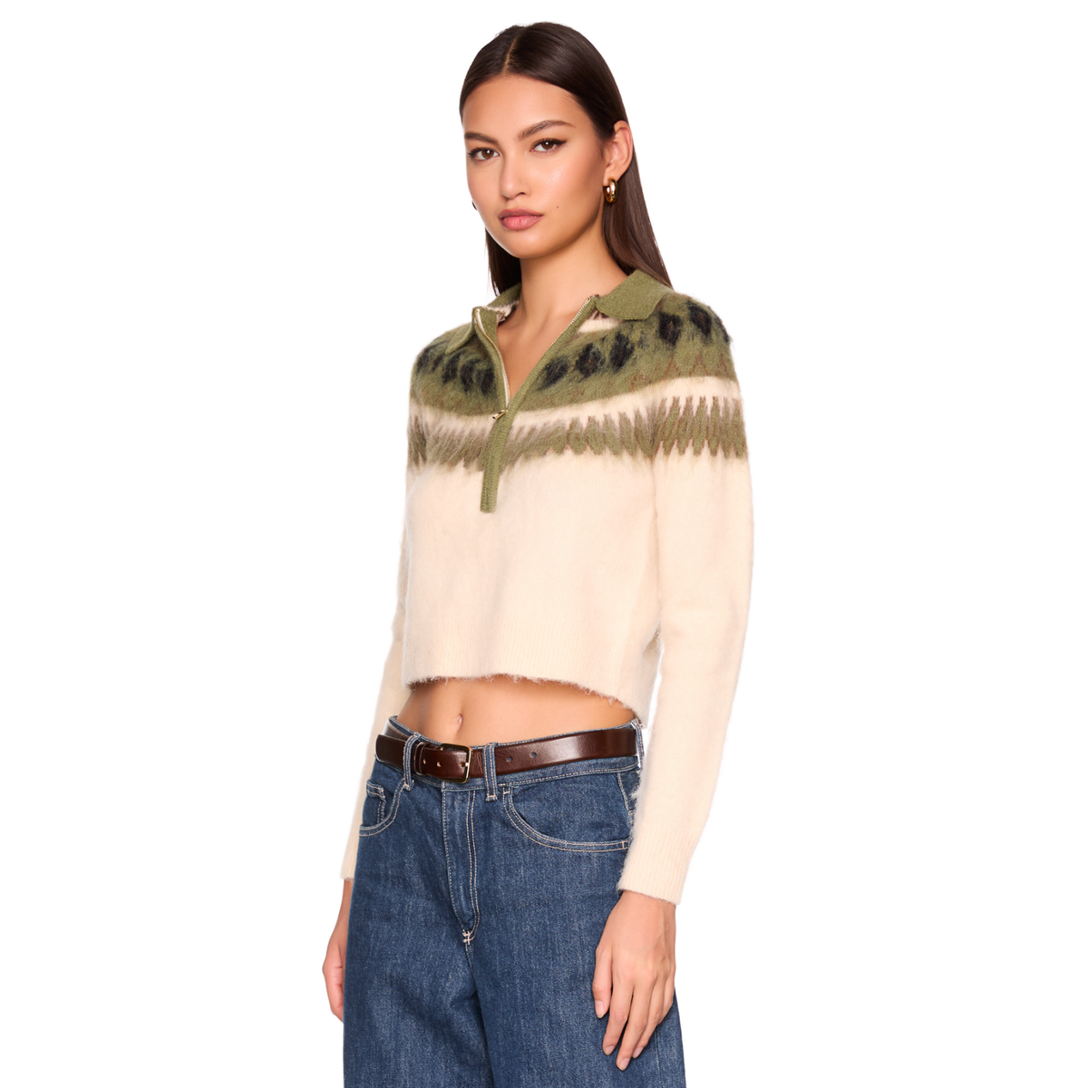 Susana Monaco Fair Isle Half Zip Sweater in the color Chive