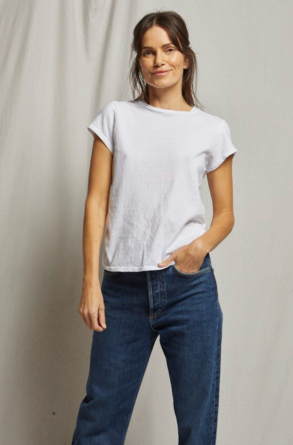 This recycled cotton baby tee from Perfect White Tee tucks perfectly into your favorite pair of denim. Shop it at Harbour Thread women's boutique in St. Pete!