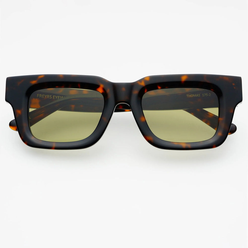 
                      
                        FREYRS rectangular unisex sunglasses with thick tortoise frame and green lenses
                      
                    