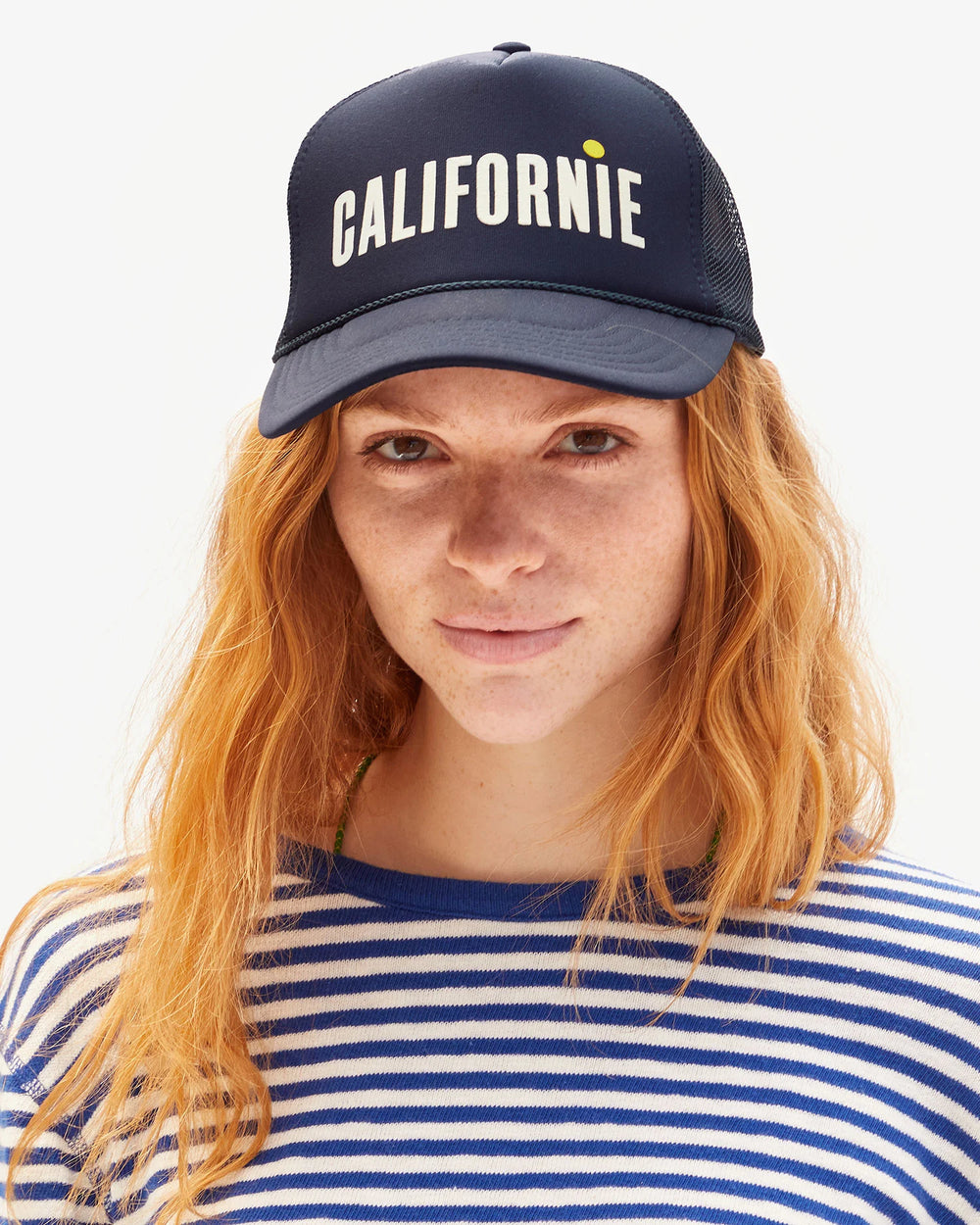 The Californie Clare V. Trucker Hat in Navy and Cream