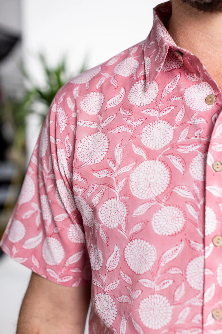 The hand block printed One World Brothers Summer Bloom Shirt is available at Harbour Thread men's store