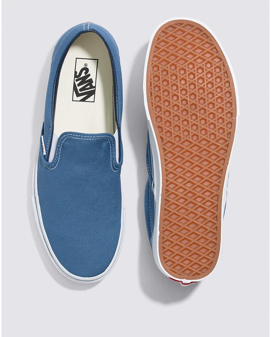 Top and bottom flat lay view of the Vans Classic Slip-On Sneakers in the color Navy