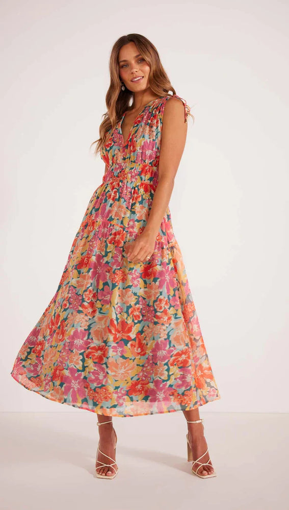 
                      
                        Front view of a woman wearing the Pink Floral Valla Midi Dress by MINKPINK
                      
                    