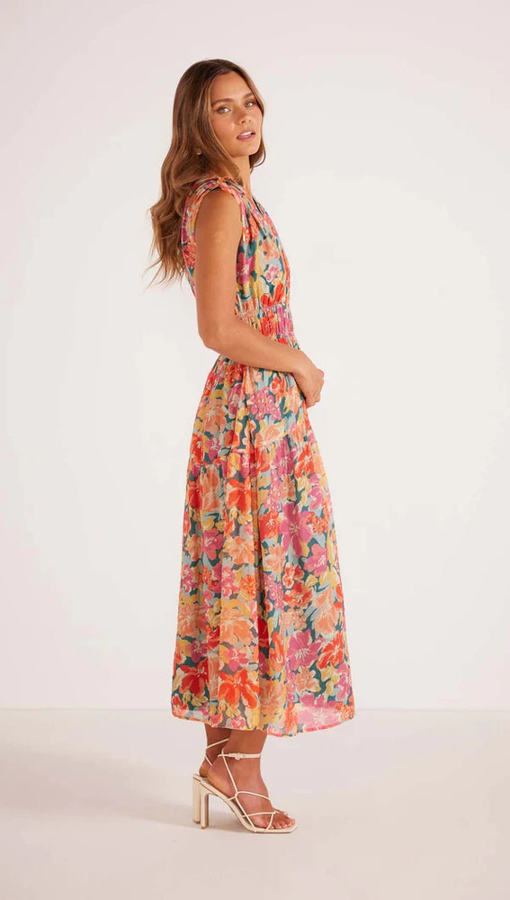 
                      
                        Side view of a woman wearing the Pink Floral Valla Midi Dress by MINKPINK
                      
                    