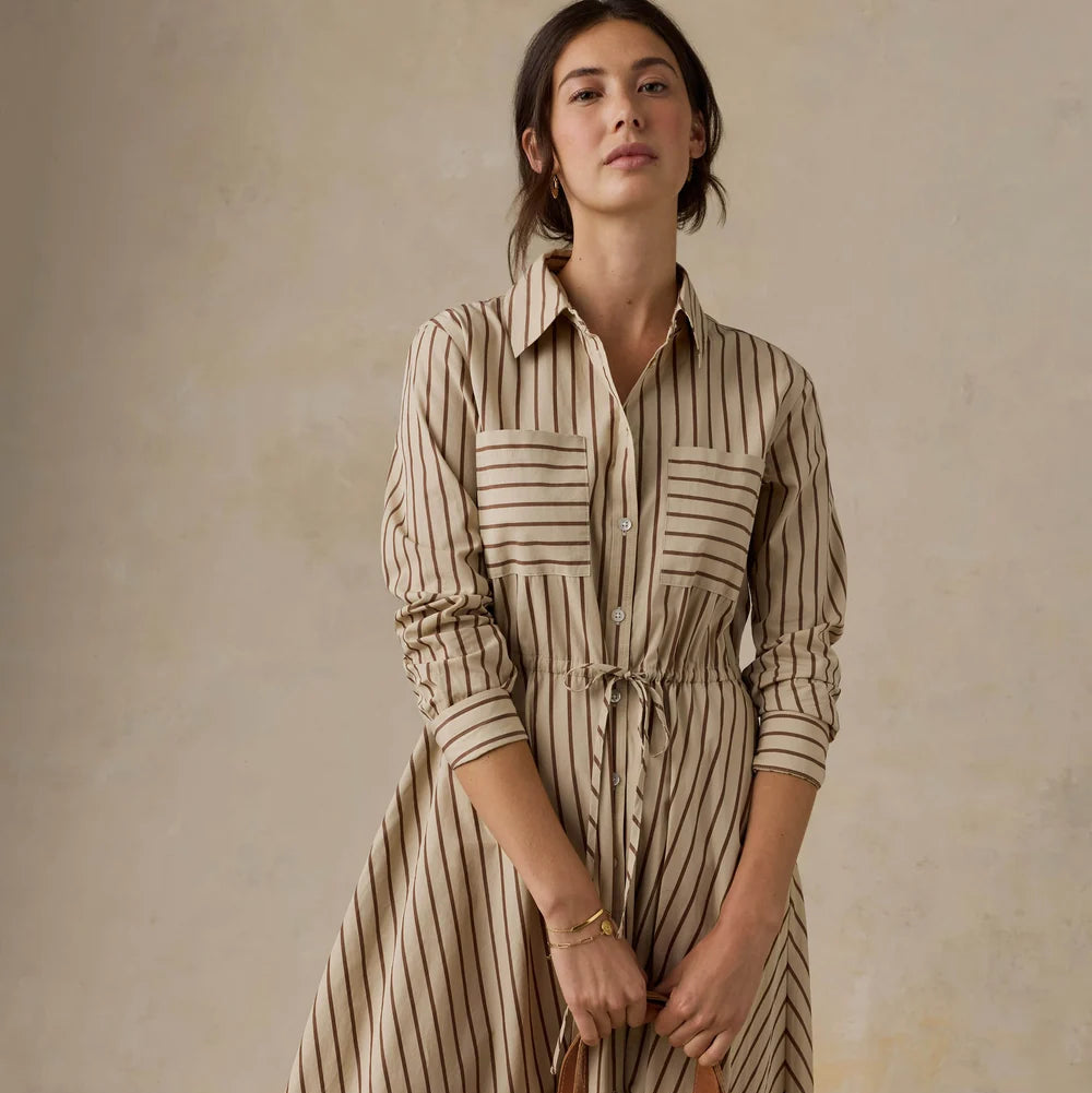 Faherty Coastal Poplin Catalina Dress in the color Drift Sand Stripe