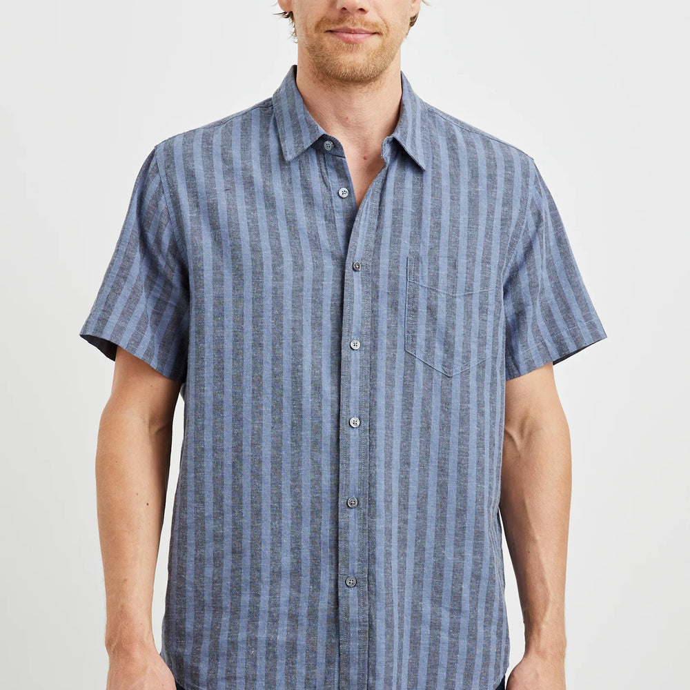 The Wilder Shirt is a men's short sleeve striped shirt from Rails with front button closure and streamlined silhouette. Shop this staple shirt now at Harbour Thread St. Pete!