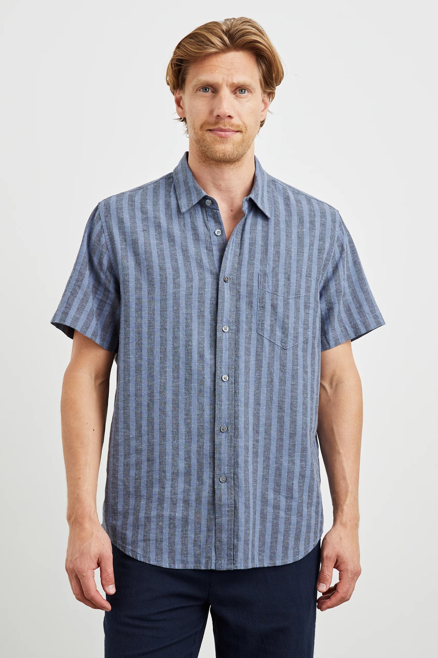 The Wilder Shirt is a men's short sleeve striped shirt from Rails with front button closure and streamlined silhouette. Shop this staple shirt now at Harbour Thread St. Pete!