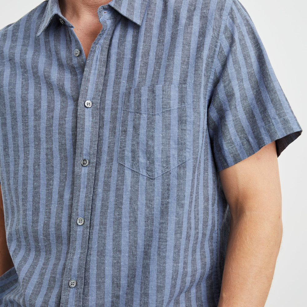 Men's blue striped short sleeve button down shirt with front chest pocket