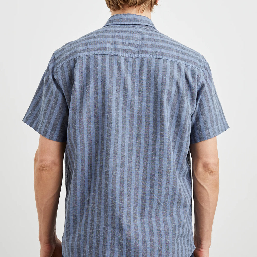 
                      
                        Men's short sleeve blue stripe button down with a relaxed fit
                      
                    