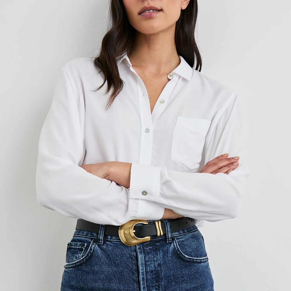 Front view of a woman wearing the White Wren Button Down Shirt by Rails