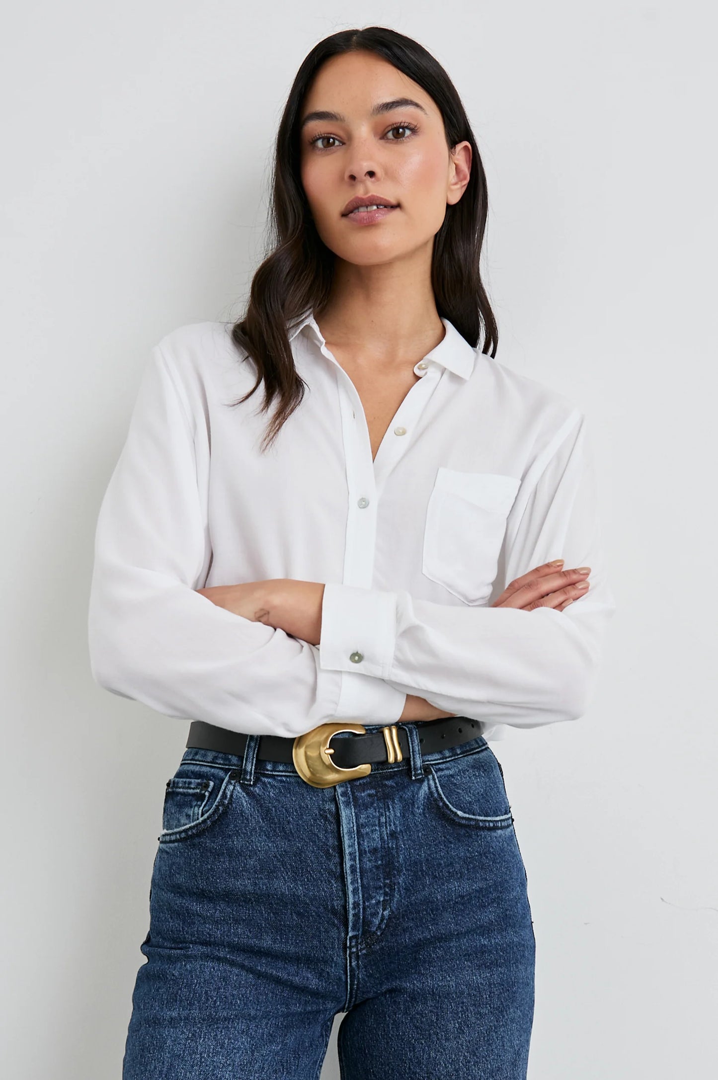 Front view of a woman wearing the White Wren Button Down Shirt by Rails