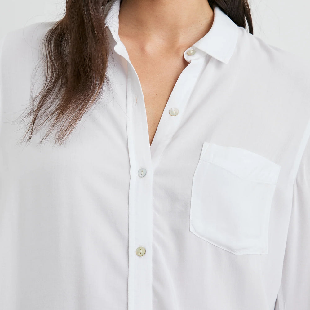 
                      
                        Front design details on the White Wren Button Down Shirt by Rails
                      
                    