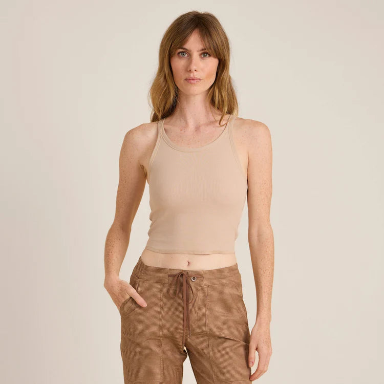 Front view of a woman wearing the Toasted Almond Wind Worn Tank by Roark